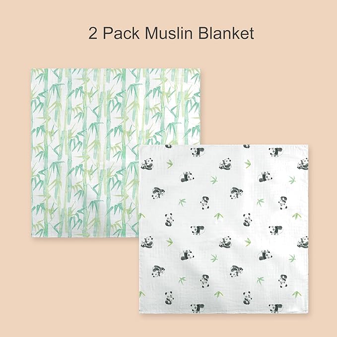 2-Pack Baby Swaddle Blankets, Soft & Breathable Muslin Swaddle for Newborns, 47 x 47 Inches, Unisex, Bamboo Forest & Panda Prints