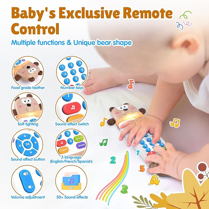 Baby Remote Control Toy, Remote Teether for Baby with Realistic Light and Sounds - 3 Languages (English, Spanish & French), Baby Musical Toys Gifts for Boys Girl 6 Month+
