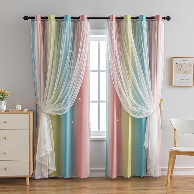 Star Girl and Kids Curtains for Bedroom Rainbow Ombre Double Layer Cute Shot Nursery Darkening Grommet Princess Room Décor 2 Panels Living Room Window Curtain （Blue Pink 52W x 63L）
