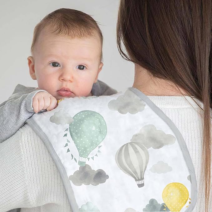 Featherhead 5 Pack Muslin Baby Burp Cloths for Boys & Girls, 22" X 11", Premium Cotton Muslin and Terry Spit up Rags, Super Soft and Absorbent (Green Hot Air Balloons)