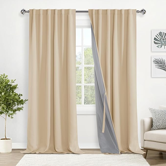 XWZO 100% Blackout Curtain Panels - Double Layer Full Room Darkening and Energy Efficiency Rod Pocket & Back Tab Window Panels with Tiebacks for Living Room, Biscotti Beige, W52 x L108, Set of 2