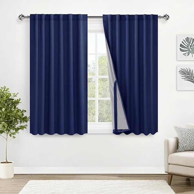 XWZO 100% Blackout Curtain Panels - Rod Pocket & Back Tab Thermal Insulated Black, Noise Reducing and Heat Blocking Drapes for Hall and Studio Windows with Tiebacks, Navy Blue, W52 x L45, Set of 2