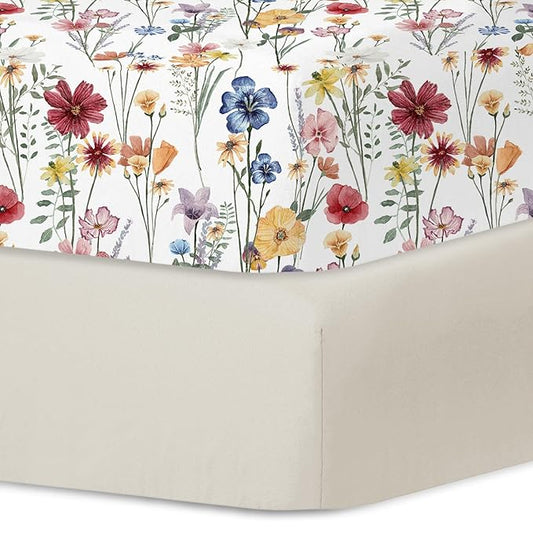 Little Grape Land Crib Sheets for Girls and Boys, 2pk Baby Crib Fitted Sheet for Standard Size Crib and Toddler Mattress, Super Soft Baby Sheet (Spring Flower & Beige)