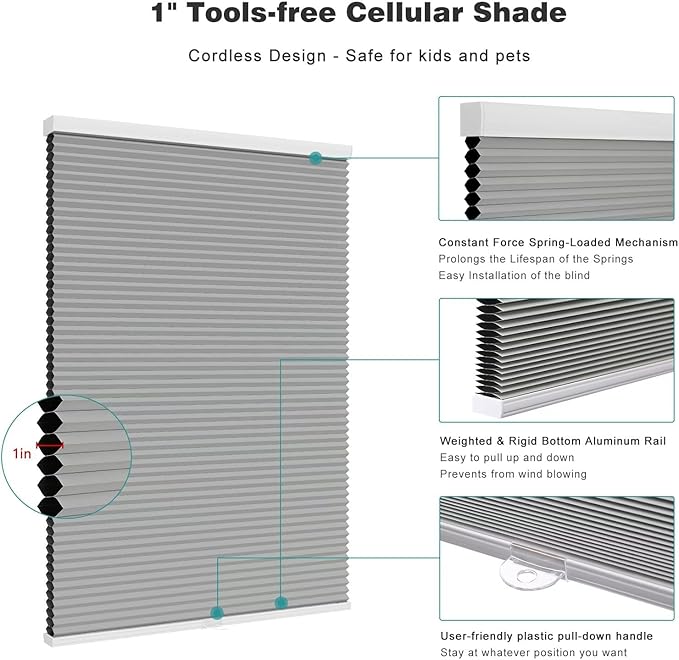 Changshade Blackout Blinds, Cordless Cellular Shades, Honeycomb Blackout Shades, Room Darkening Blinds, Pull Down Window Shades, Easy to Install Honeycomb Window Blinds, 55" W x 72" H, Grey