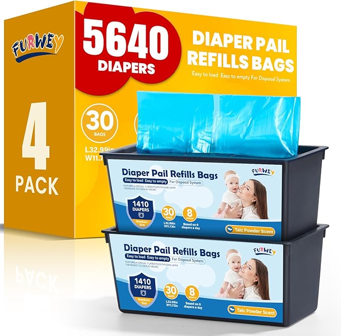 Diaper Pail Refill Bags 30 Bags Per Refill，Compatible with Genie Easy Roll Signature Diaper Pails Holds Up to 5640 Newborn Diapers 7 Layer Odor Barrier Technology 4PACK (120 Bags)