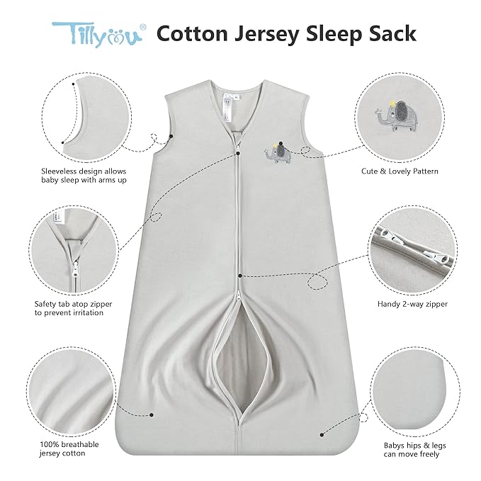 TILLYOU 2 Pack Baby Sleep Sack 12-18 Months 100% Cotton Wearable Blanket 0.5 TOG Sleeveless Summer Sleep Sacks with 2-Way Zipper, Grey Elephant & Cloud