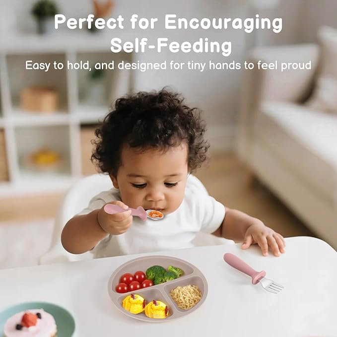 Eascrozn 2 Pack Silicone Divided Baby Plates with Suction, 2 Pack Toddler Forks and Spoons Set, BPA Free, Baby Feeding Set for Toddler Utensils, Microwave and Dishwasher Safe