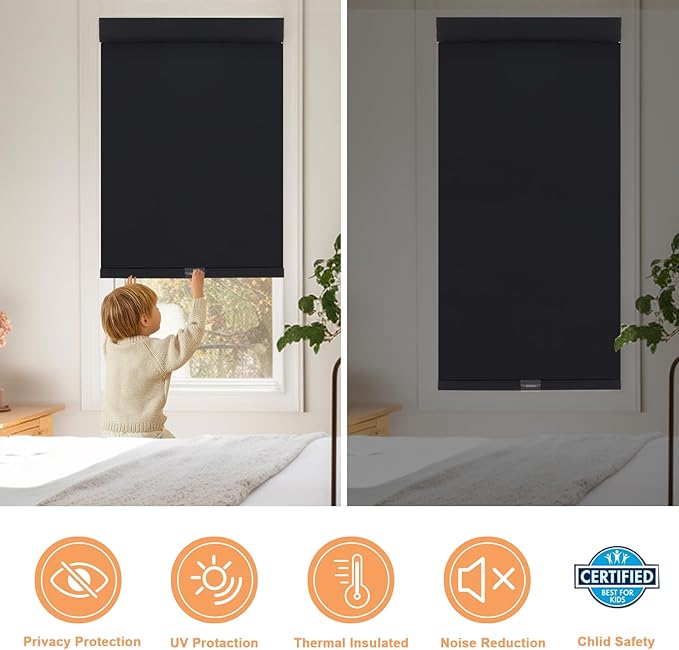 Persilux No Drill Roller Shades for Windows Blackout Shades, Free-Stop Window Blinds Cordless Blinds, UV Protection Window Shades Pull Down, Blackout Blinds for Bedroom Office (Black, 58" W x 72" H)