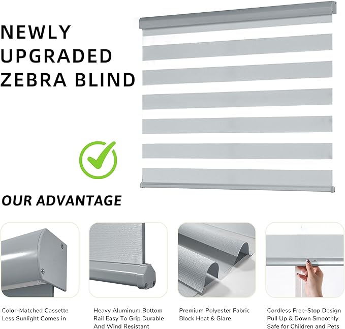 ChrisDowa Cordless Zebra Blinds for Windows, Dual Layer Free-Stop Light Filtering Window Roller Shades, Pull Down Privacy Zebra Shades for Home, Office, Bedroom, Door (71" W x 72" H, Light Grey)