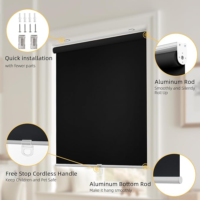 ChrisDowa Cordless Free-Stop 100% Blackout Blinds for Windows, Roller Windows Shades with Thermal Insulated, UV Protection Fabric for Living Room, Office and Home. Easy to Install.Black,32" W X 72" H