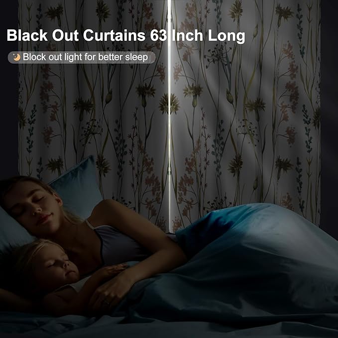 Floral Patterned Black Out Curtains 63 Inch Length, Thermal Insulated Blackout Curtains for Bedroom and Living Room, Grommet Soundproof Privacy Farmhouse Room Darkening Window Curtains 2 Panels Set