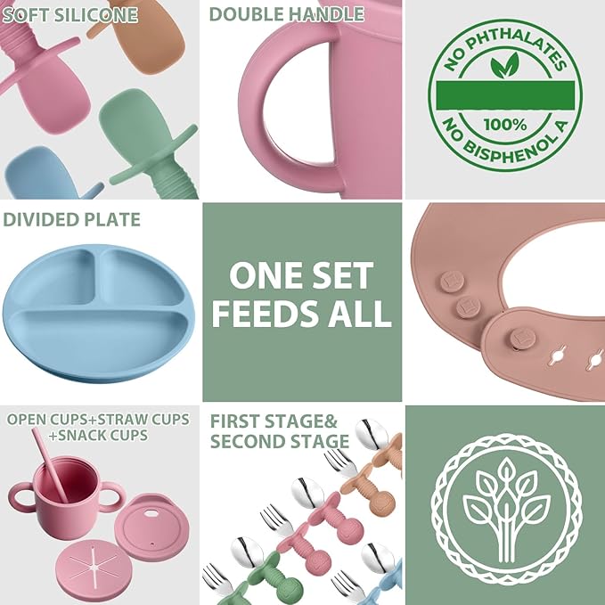 Yinder 32 Pack Silicone Baby Feeding Set Baby LED Weaning Supplies Includes Suction Divided Plates Soft Bowl Spoons Forks Adjustable Bib Snack Cup with Lid and Straws(Bright Color)