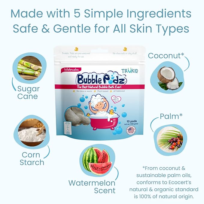 TruKid Bubble Podz Bubble Bath for Kids, Toddlers, & Babies, Tear Free Gentle & Refreshing Bath Bomb for Sensitive Skin with Natural Moisturizers, Non-Toxic, pH Balanced, Watermelon Scent (60 Podz)