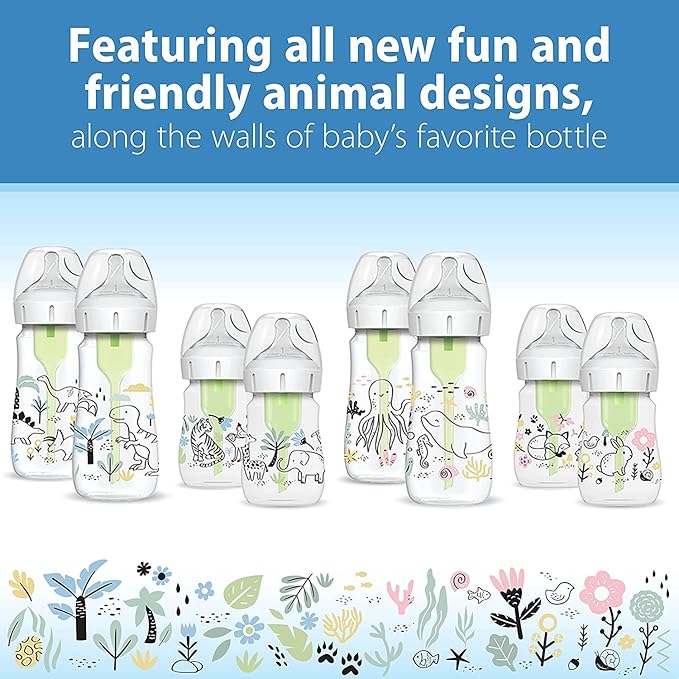 Dr. Brown's Anti-Colic Options + Wide-Neck Baby Bottle Designer Edition, Woodland + Jungle, 5 oz/150 mL, Level 1 Slow Flow Nipple, 0m+, 4-Pack