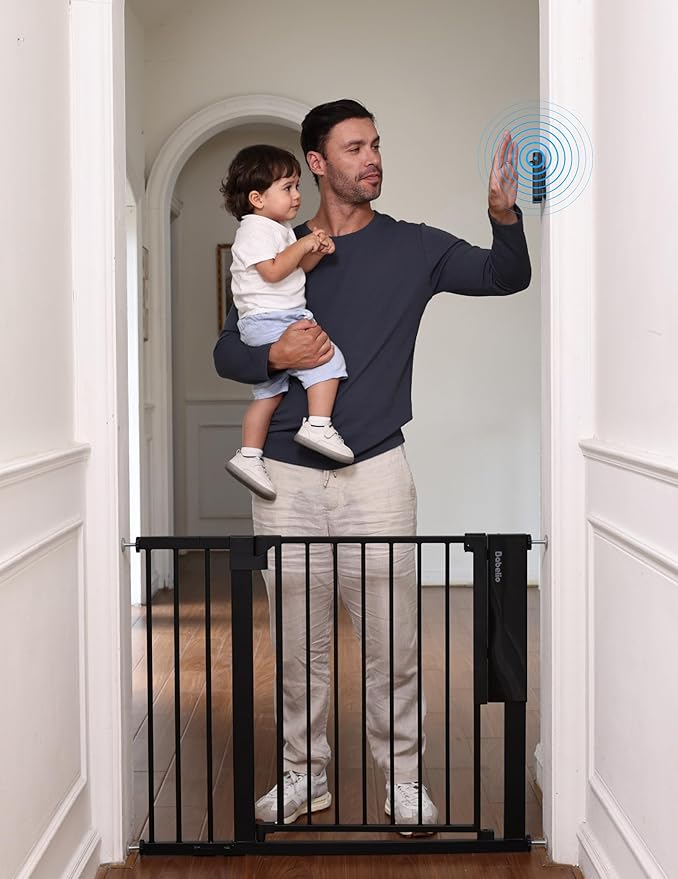 Babelio Smart Baby Gate with Auto-Unlock/Close, Pressure Mounted No Drill for Doorways/Top of Stairs. Pet/Dog Door Wide Walk Thru w/Infrared Sensor & Instant Safety Alert (Black, 26.3-37.8" W, 30" H)