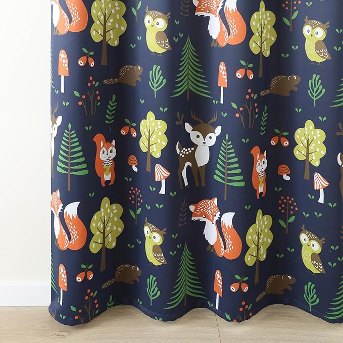 L.Z.E Navy Blue Kids Curtains for Bedroom Nursery, 85% Room Darkening Blackout Thermal Insulated Drapes for Boys Girls Room, Forest Animal Print Design Grommet Top 2 Panels Set, 52 x 84 Inch