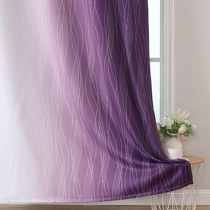 Estelar Textiler Purple and Greyish White Blackout Curtains 72 Inch Length 2 Panels Set, Room Darkening Grommet Ombre Curtains for Bedroom, Thermal Insulated Light Blocking Gradient Drapes, 52Wx72L