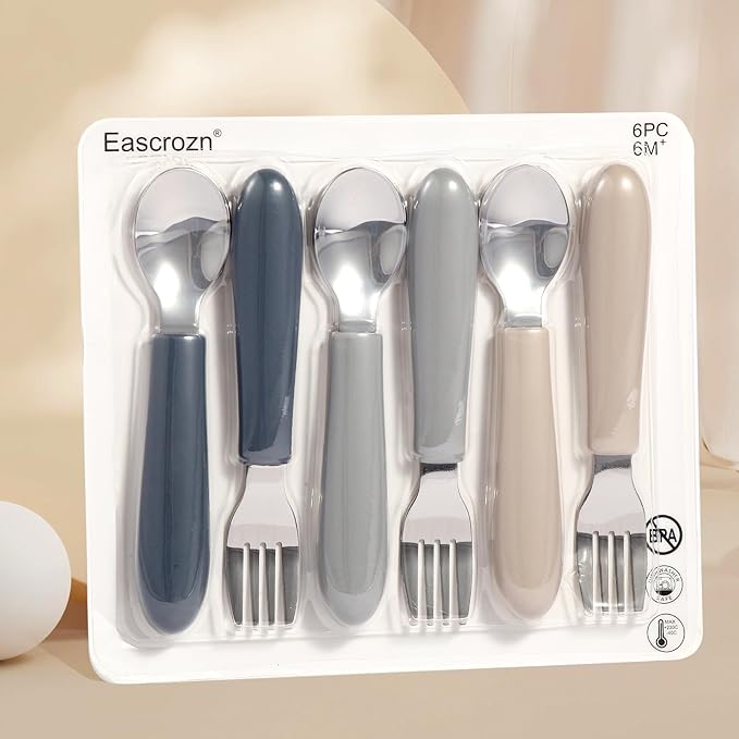 Eascrozn 6 Pack Toddler Utensils, Kids Silverware Set with Silicone Handle, Children Safe Forks and Spoons, 18/8 Stainless Steel, Food Grade Silicone Feeding Supplies, Dishwasher Safe