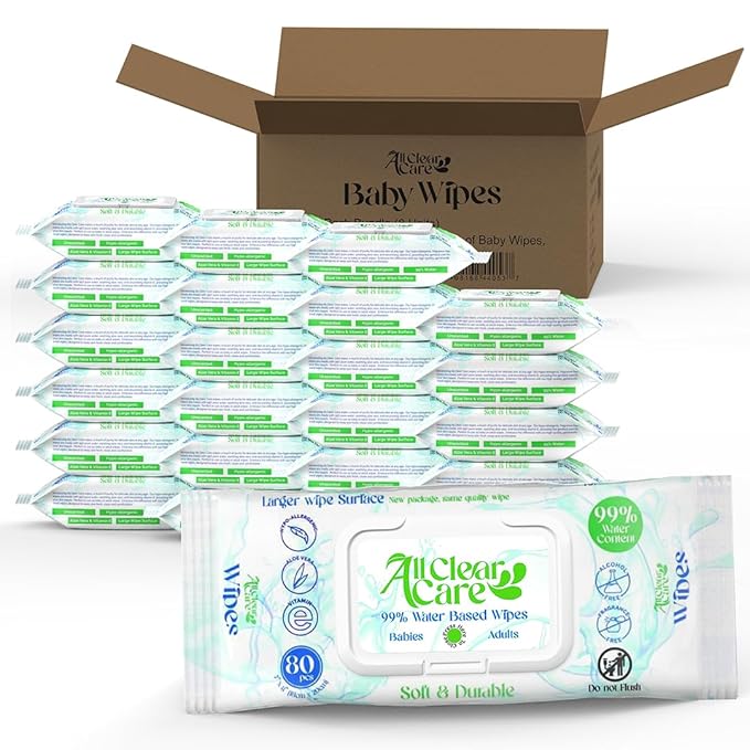 All Clear Care Baby Wipes, Bulk Unscented 24PK (1920 Wipes), 99% Water for Sensitive Skin, Large Soft Durable, Gentle & Hypoallergenic for Babies & Adults, Vitamin E and Aloe, Flip Top Lid