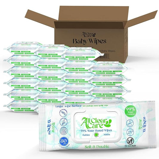 All Clear Care Baby Wipes, Bulk Unscented 24PK (1920 Wipes), 99% Water for Sensitive Skin, Large Soft Durable, Gentle & Hypoallergenic for Babies & Adults, Vitamin E and Aloe, Flip Top Lid