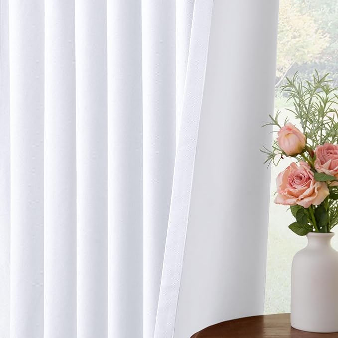 INOVADAY 100% Blackout Curtains for Bedroom, Black Out Curtains 72 Inch Long, Clip Rings Linen Blackout Drapes, Thermal Insulated Room Darkening for Living Room, 2 Panels - Brightwhite,W50xL72