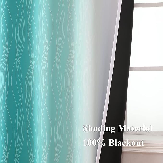 Estelar Textiler Teal and Greyish White Blackout Curtains 102 Inch Length 2 Panels Set, Thermal Insulated Ombre Grommet Drapes for Bedroom, Room Darkening Gradient Curtains for Living Room, 52Wx102L