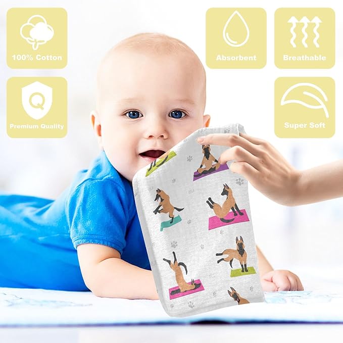 vvfelixl Baby Cotton Washcloths Belgian Malinois Yoga Infants Bath Towel for Unisex Face Towels for Newborn, Natural Baby Wipes Delicate Skin, 11.8 X 11.8 inch, one sizex3