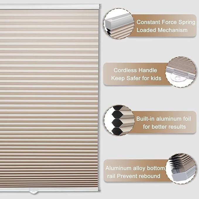 MYshade Cordless Blackout Cellular Shades, 1.5" Honeycomb Window Blinds for Bedroom & Nursery, Thermal Insulated, Noise Reducing, Privacy Shades, Inside or Outside Mount (29" W x 64" H, Beige)