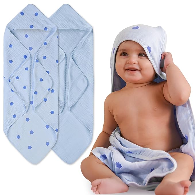 Hands-Free Hooded Towel 100% Organic Premium Muslin Cotton, 30" x 30", Ultra-Absorbent, Soft, Breathable, Hypoallergenic, Multipurpose, Gifts for Babies & Infants, Pack of 2