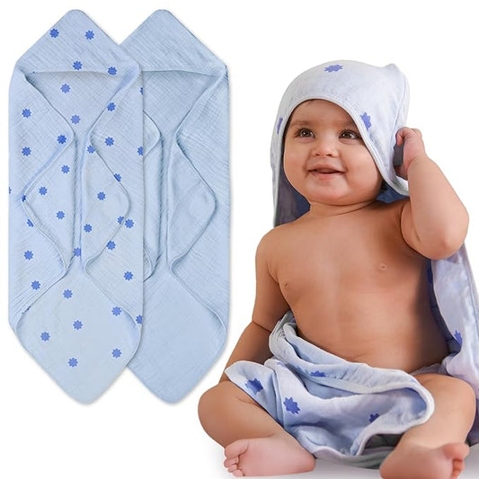 Hands-Free Hooded Towel 100% Organic Premium Muslin Cotton, 30" x 30", Ultra-Absorbent, Soft, Breathable, Hypoallergenic, Multipurpose, Gifts for Babies & Infants, Pack of 2