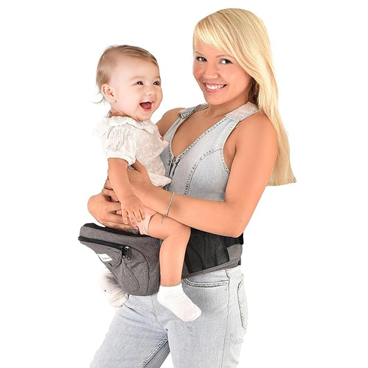 Baby Carrier with Hip Seat - with Lumbar & Back Support – Adjustable Waistband with Strong Support - Health Certified, Machine Washable, Fits Medium–Large (Grey)