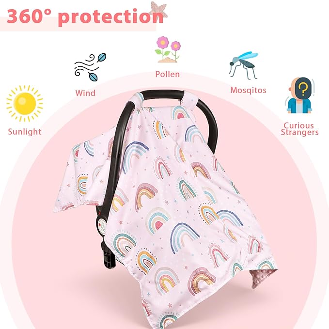 Car Seat Cover Baby, Peekaboo Opening Carseat Covers Baby Girl, Warm Minky Infant Car Seat Canopy, Multi-Use Cover Protecting Baby from Wind, Sun, Strangers, Pink Rainbow