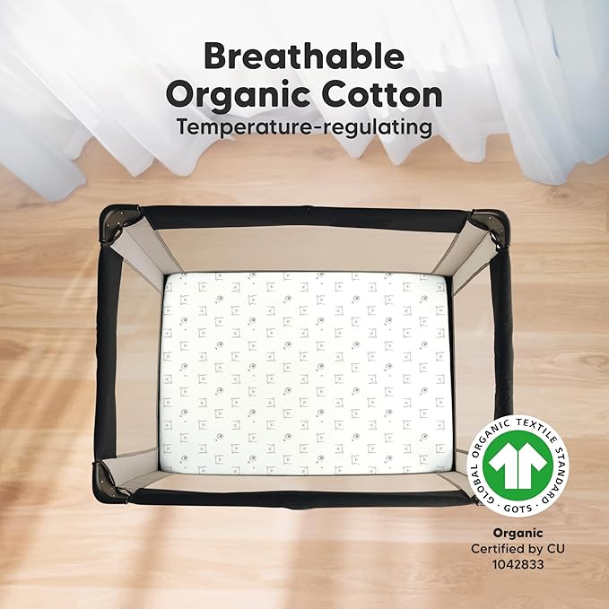 2-Pack Mini Crib Sheets Fitted - 38x26 Pack N Play Sheets for Pack and Play Mattress, Organic Cotton, Soft & Breathable Playard Bedding, Neutral Mini Toddler Bed Cover for Boys, Girls (Bumble Bear)