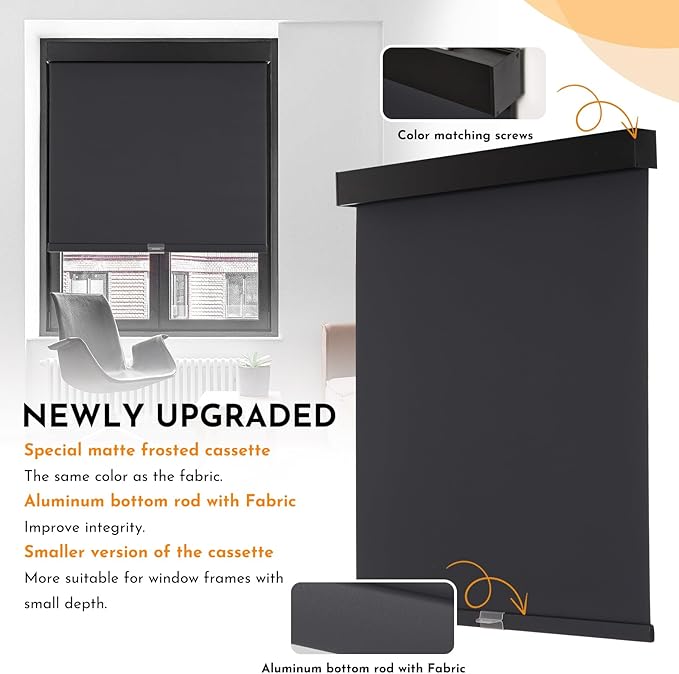 Persilux Blackout Roller Blinds for Indoor Windows, Cordless Roller Shades with Valance, Thermal Insulated Fabric Window Shades & Blinds, UV Protection Shades for Home and Bedroom (Black,57"W x 72"H)