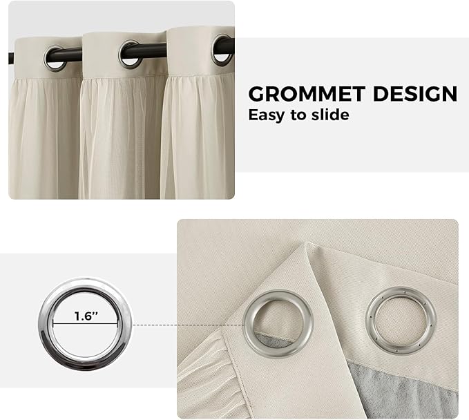 100% Blackout Curtains for Bedroom, Double Layer Ivory Curtains, Black Out Curtain 84 inch Long with Sheer Overlay for Living Room, Room Darkening Window Drapes with Grommet, 52" W x 84" L