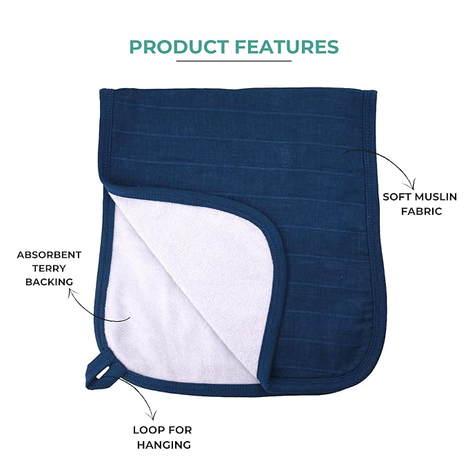 Featherhead 5 Pack Muslin Baby Burp Cloths for Boys & Girls, 22" X 11", Premium Cotton Muslin and Terry Spit up Rags, Super Soft and Absorbent (Blue Solids)