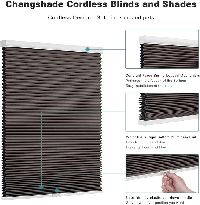 Changshade Cordless Cellular Shades, Blackout Honeycomb Shades for Windows, Pull Down Pleated Blinds, Easy to Install for Indoor Windows and French Doors,34" W x 48" H, Taupe