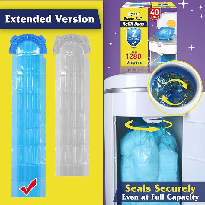 Diaper Pail Refill Bags 40 Pack, Compatible with Arm&Hammer Disposal System, Diaper Bags with Upgraded Odor Lock, Seal and Toss Diaper Pail Refills, Holds up to 1280 Baby Diapers