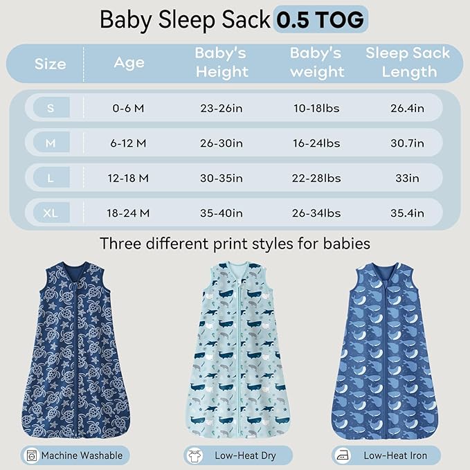 Unnivoll Baby Sleep Sack 0-6 Months 0.5 Tog Wearable Blanket Baby, 3 Pack 100% Cotton Lightweight Sleeping Sack with 2-Way Zipper for Newborn Infant Shark