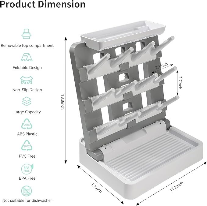 Venuekkuri Baby Bottle Drying Rack, Vertical Standing Bottle Dryer Rack Holder-Space Saving Baby Bottle Drying Rack for Countertop-Holds Up to 12 Baby Bottles & Cup