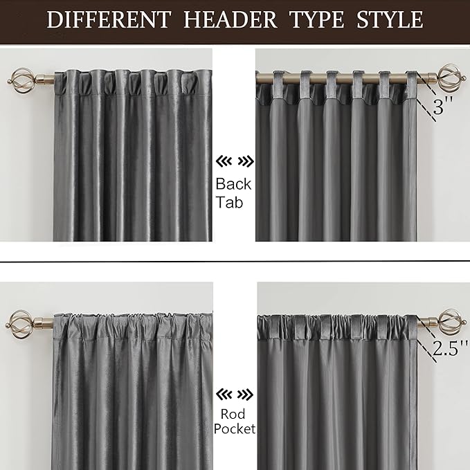 PRIMROSE Blackout Grey Velvet Curtains Drapes 102 inch Long for Living Room,2 Panels Liner Rod Pocket Back Tab Thermal Window Curtain Room Darkening Heavy Decorative Curtains for Bedroom