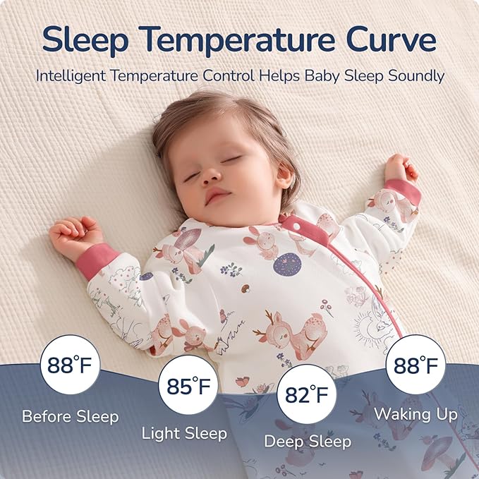 Baby Sleep Sack 3–6 Months, Cotton Sleep Sack with Detachable Long Sleeves, 1.0 TOG Wearable Blanket for Cooler Nights, 2-Way Zipper Toddler Sleeping Sack with Temperature Strip, Bunny
