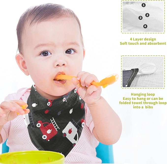 vvfelixl Firefighters Fire Trucks Baby Burp Cloths, Baby Muslin Washcloths for Boys Girls, Cotton Baby Face Towel for Newborn Infants Soft and Absorbent 11.8 X 11.8 in, 5 Pack Black