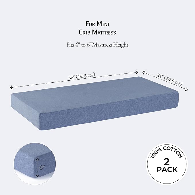 Dreamology Pack and Play Sheets, 2 Pack, Soft, 100% Cotton Mini Crib Sheets, Baby Mattress Sheets for Boys,Girls, Pack n Play Sheets, Mini Crib Fitted Sheet, 24x38 Mini Crib Sheet | Blue,Animals