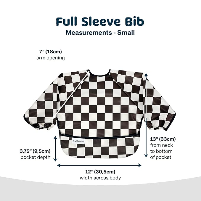 Tiny Twinkle Long Sleeve Bib for Babies & Toddlers | Waterproof Smock Bib for Eating | Machine Washable & Mess-Proof Feeding Essentials | Newborn Shower Gift (Checkers Black, 6–24M)