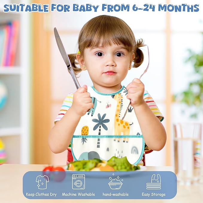 2ooya 6Pcs Baby Bibs for Feeding Toddler Eating Bibs with Crumb Catcher Pocket Waterproof Sleeveless Teething Plastic Food Bib Set Adjustable Infant Keepsake Gift for Boys Baby Shower, 6-24 Months