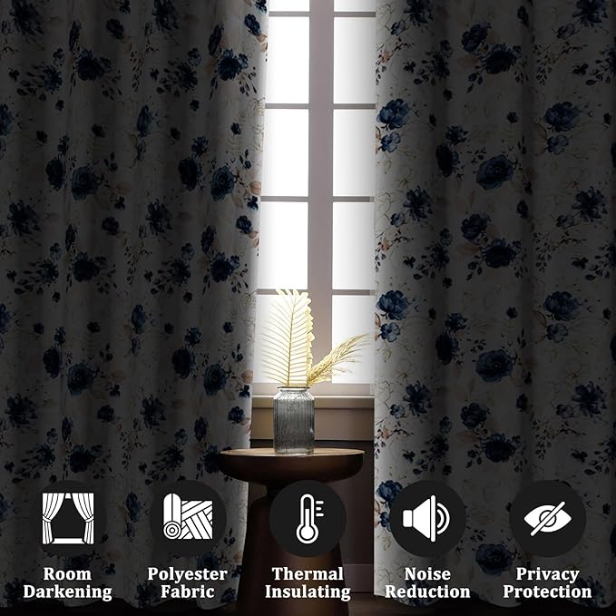 Renaiss Blue and White Floral Blackout Curtains Gold Line Rose Flowers Thermal Insulated Window Drapes for Bedroom 29W x 45L inches 2 Panel Set Window Curtain Panels for Kitchen