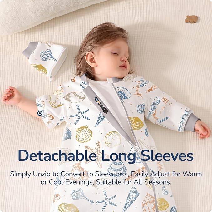 Baby Sleep Sack 18–24 Months, Cotton Sleep Sack with Detachable Long Sleeves, 1.0 TOG Wearable Blanket for Cooler Nights, 2-Way Zipper Toddler Sleeping Sack with Temperature Strip, Ocean