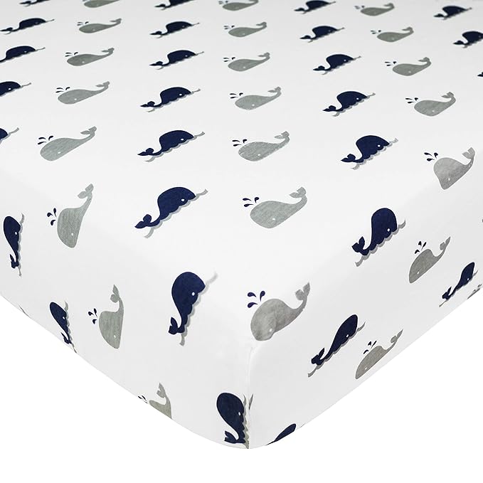 American Baby Company 2 Pack 100% Natural Cotton Fitted Crib Sheets 52" x 28" - Soft, Breathable, Hypoallergenic & Gentle Toddler Bed Sheets, Navy Whale and Gray, Neutral for Boys & Girls