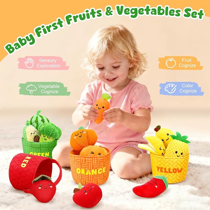 TOHIBEE Baby Sensory Toys -16 PCS Fruit Vegetable Color Sorting Play Food with Rattle,Crinkle,Baby Toys 6-12 Months Montessori Toys for 1 Year Old Boy Girl, Baby Stocking Stuffers